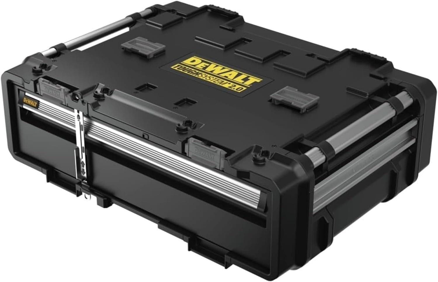 Studio view of the DeWalt DWST08510 ToughSystem 2.0 DXL 30-inch deep drawer unit in black with silver aluminum side handles.