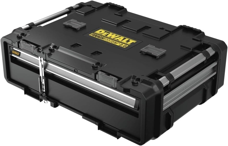 Studio view of the DeWalt DWST08510 ToughSystem 2.0 DXL 30-inch deep drawer unit in black with silver aluminum side handles.