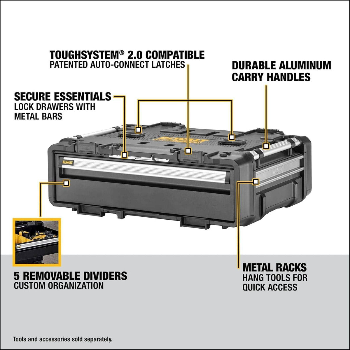 Infographic diagram of the drawer unit highlighting features such as patented auto-connect latches, durable aluminum handles, and metal racks for hanging tools.