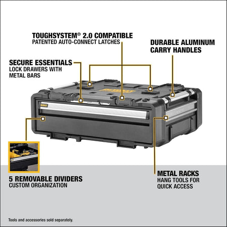 Infographic diagram of the drawer unit highlighting features such as patented auto-connect latches, durable aluminum handles, and metal racks for hanging tools.