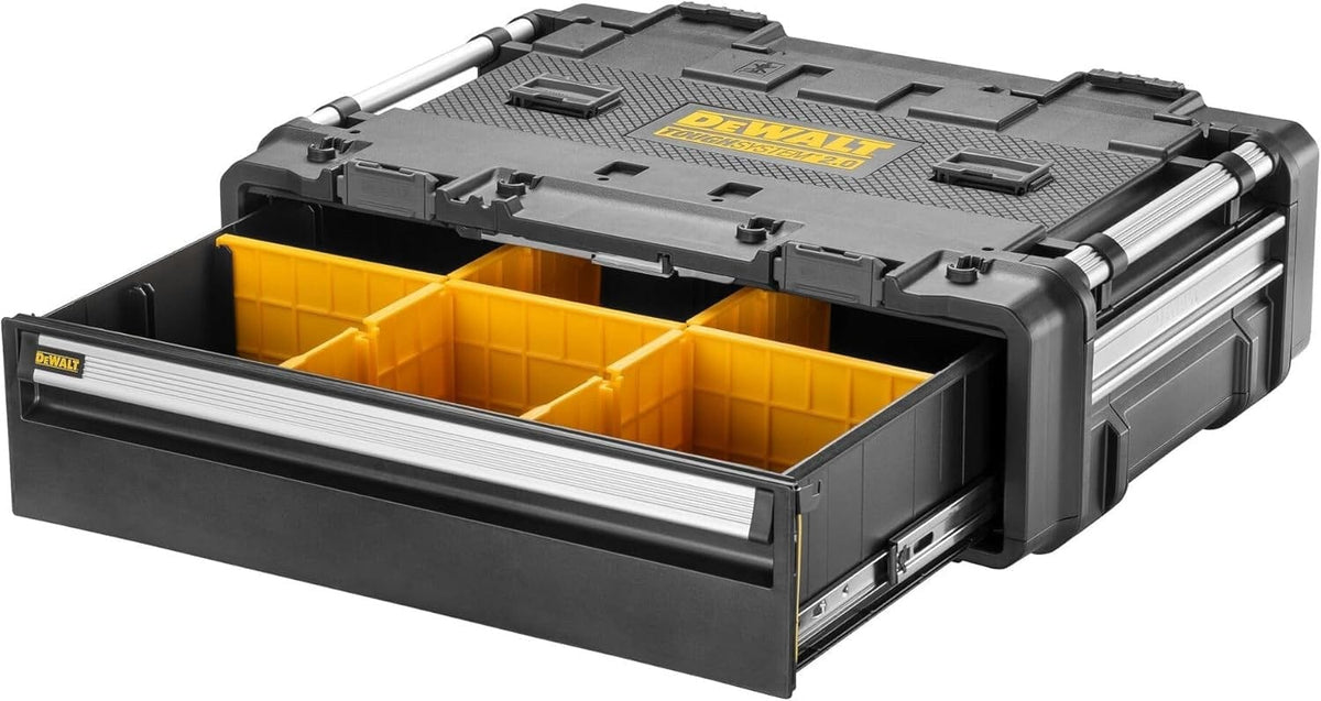 Angled view of the open deep drawer revealing the internal yellow divider system organized into multiple storage compartments.