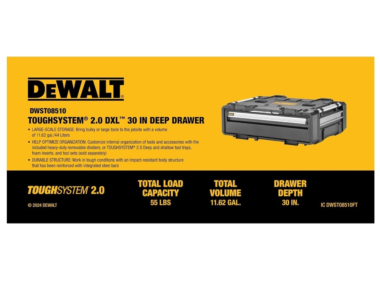 Informational graphic with a yellow background listing specifications such as 55 lbs total load capacity, 11.62 gallons total volume, and 30 inch drawer depth.