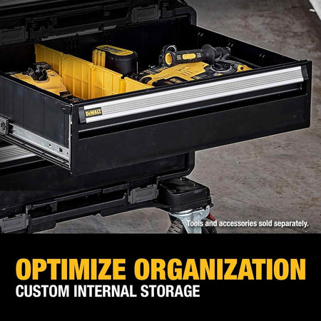Close-up view of the open drawer customized with dividers holding a circular saw and batteries, captioned Optimize Organization Custom Internal Storage.