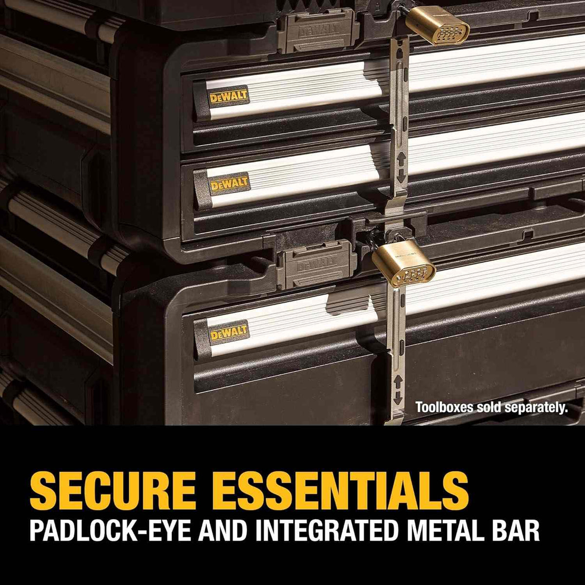 Close-up detail showing two stacked drawer units secured together with a vertical metal bar and padlocks, captioned Secure Essentials Padlock-Eye and Integrated Metal Bar.
