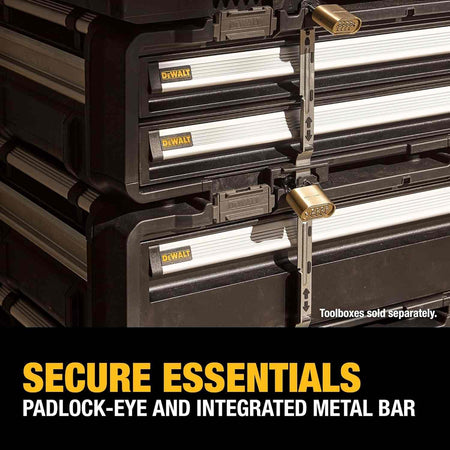 Close-up detail showing two stacked drawer units secured together with a vertical metal bar and padlocks, captioned Secure Essentials Padlock-Eye and Integrated Metal Bar.