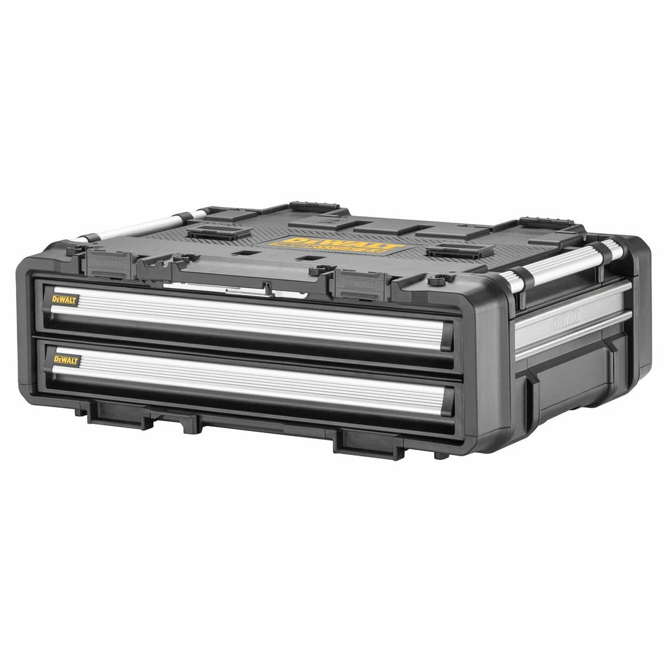 Product studio shot from a three-quarter perspective of the closed black DEWALT DWST08520 ToughSystem 2.0 DXL 30-inch 2-drawer unit against a white background, showcasing its rugged polymer chassis, aluminum side carry handles, integrated top stacking clips, and silver-trimmed drawer fronts with yellow DEWALT badges.