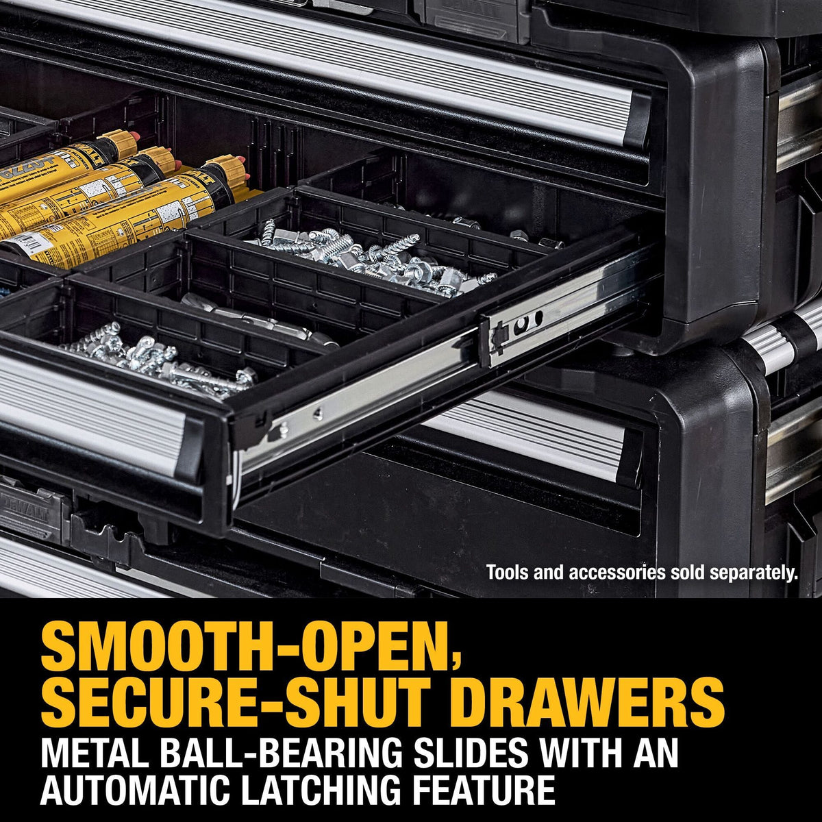 A close-up product marketing shot highlighting the smooth silver-steel metal ball-bearing tracks on an open tool drawer loaded with hardware bins and construction adhesive tubes, with bold lower yellow and white text indicators reading SMOOTH-OPEN, SECURE-SHUT DRAWERS METAL BALL-BEARING SLIDES WITH AN AUTOMATIC LATCHING FEATURE.