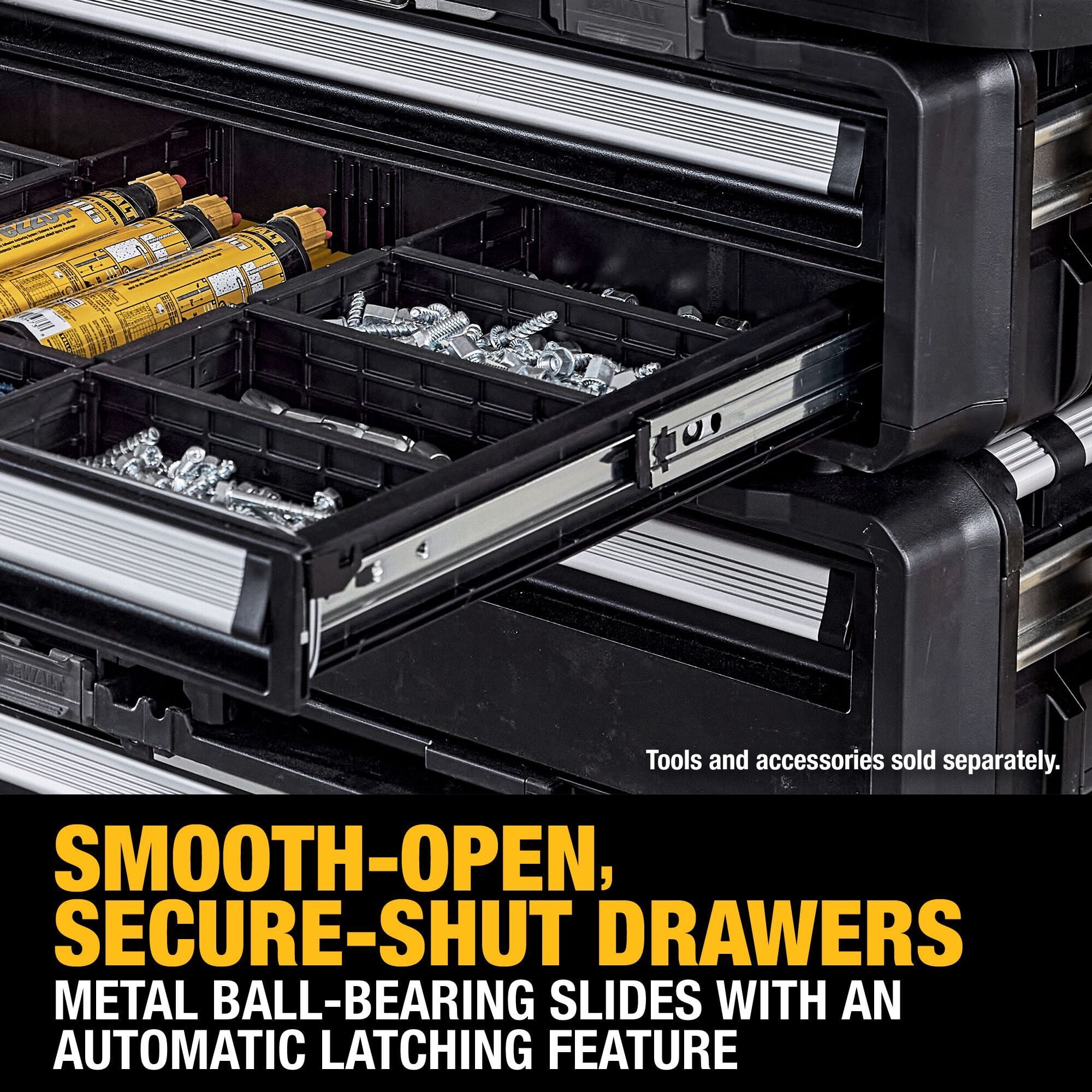 A close-up product marketing shot highlighting the smooth silver-steel metal ball-bearing tracks on an open tool drawer loaded with hardware bins and construction adhesive tubes, with bold lower yellow and white text indicators reading SMOOTH-OPEN, SECURE-SHUT DRAWERS METAL BALL-BEARING SLIDES WITH AN AUTOMATIC LATCHING FEATURE.