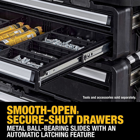 A close-up product marketing shot highlighting the smooth silver-steel metal ball-bearing tracks on an open tool drawer loaded with hardware bins and construction adhesive tubes, with bold lower yellow and white text indicators reading SMOOTH-OPEN, SECURE-SHUT DRAWERS METAL BALL-BEARING SLIDES WITH AN AUTOMATIC LATCHING FEATURE.