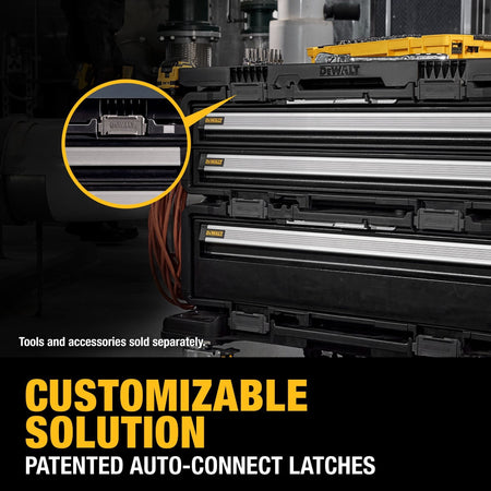 A digital product marketing graphic featuring a circular inset magnifying lens zoom focusing on the patented grey auto-connect front latch mechanism on the top rim of the DEWALT DXL drawer cabinet unibody structure, with prominent lower yellow and white text reading CUSTOMIZABLE SOLUTION PATENTED AUTO-CONNECT LATCHES.