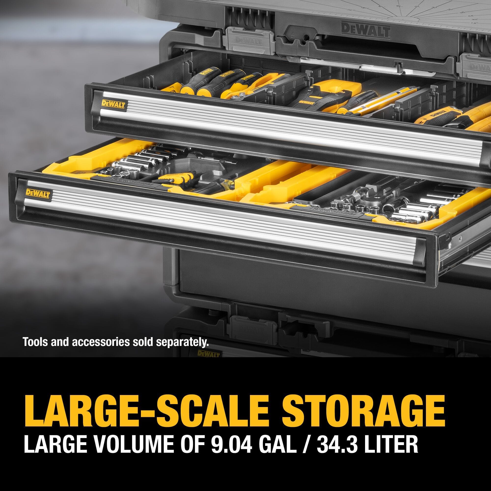 A high-resolution product marketing visual showing both drawers of a DEWALT chest smoothly open to display high-capacity tool storage volume options, with the top drawer containing hand tools like yellow digital multimeters and insulated screwdrivers and the lower yellow section carrying custom tool trays, with bold text stating LARGE-SCALE STORAGE LARGE VOLUME OF 9.04 GAL / 34.3 LITER.