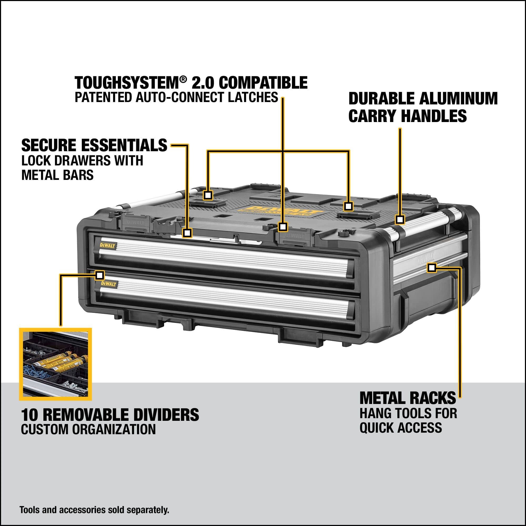 An informational marketing graphic layout displaying a three-quarter view of the closed DEWALT 2-drawer tool box with yellow pointer callout lines highlighting key features, including ToughSystem 2.0 Compatible Patented Auto-Connect Latches, Secure Essentials Lock Drawers with Metal Bars, Durable Aluminum Carry Handles, 10 Removable Dividers for Custom Organization, and Metal Racks to Hang Tools for Quick Access.