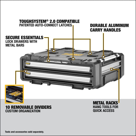An informational marketing graphic layout displaying a three-quarter view of the closed DEWALT 2-drawer tool box with yellow pointer callout lines highlighting key features, including ToughSystem 2.0 Compatible Patented Auto-Connect Latches, Secure Essentials Lock Drawers with Metal Bars, Durable Aluminum Carry Handles, 10 Removable Dividers for Custom Organization, and Metal Racks to Hang Tools for Quick Access.