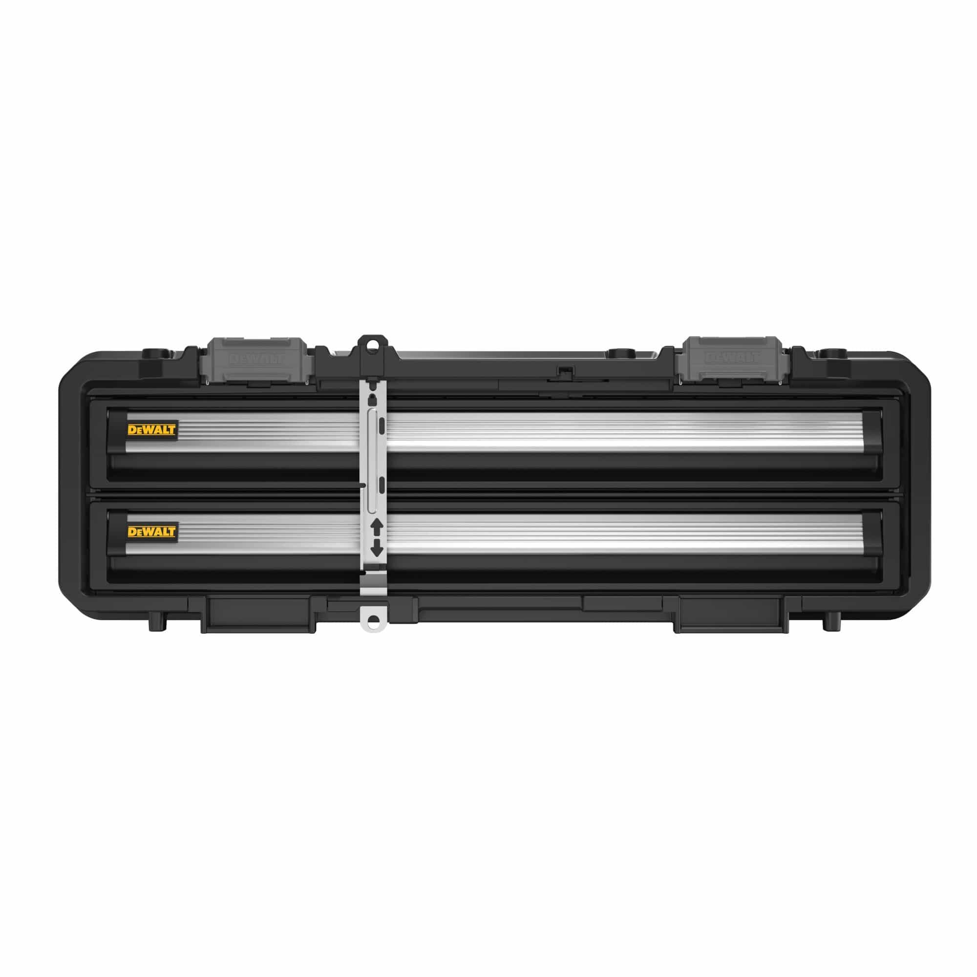 A direct front studio shot of the black DEWALT ToughSystem 2.0 DXL tool chest, demonstrating the central vertical installation of its thick silver-alloy anti-theft locking security bar locked in place across both closed drawer sections.