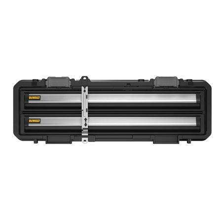 A direct front studio shot of the black DEWALT ToughSystem 2.0 DXL tool chest, demonstrating the central vertical installation of its thick silver-alloy anti-theft locking security bar locked in place across both closed drawer sections.