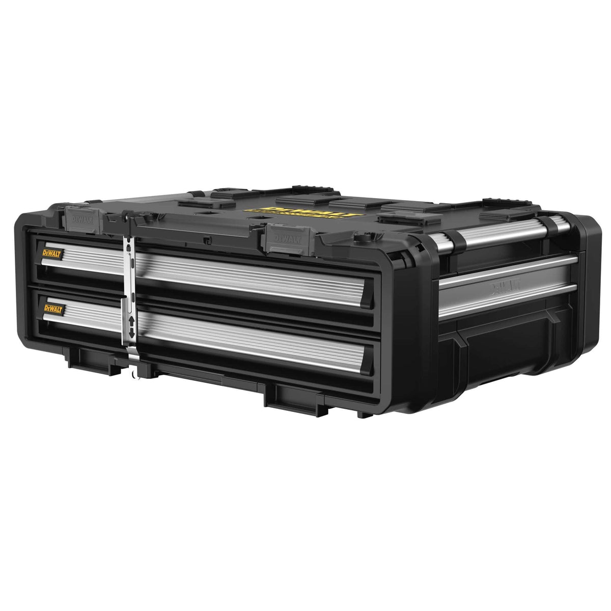 A wide three-quarter angled studio shot of the closed DEWALT modular 2-drawer workstation chest, highlighting the precision unibody construction, flush-mounted silver security locking bar centered on the front, and side tracking grooves for hanging jobsite accessories.