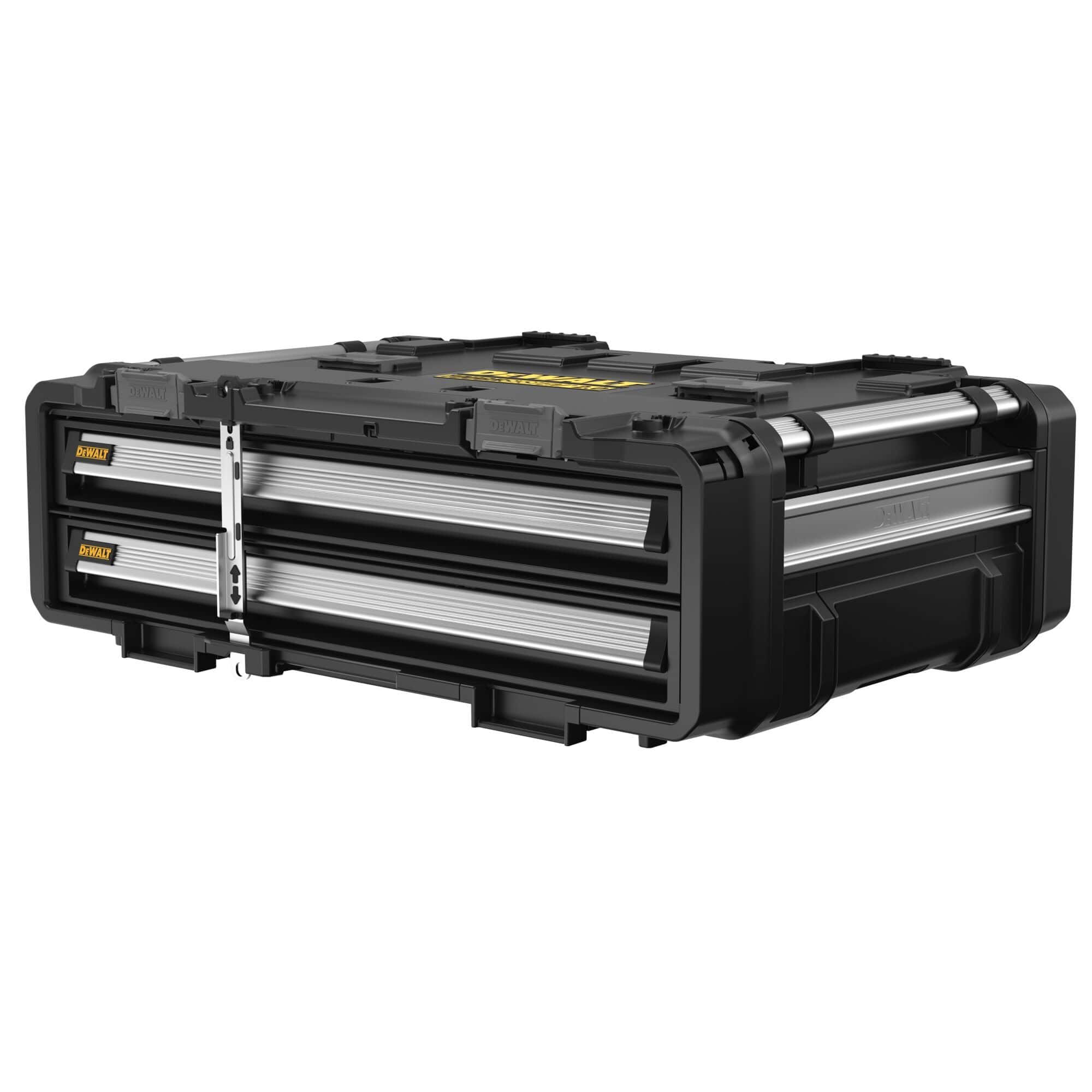 A wide three-quarter angled studio shot of the closed DEWALT modular 2-drawer workstation chest, highlighting the precision unibody construction, flush-mounted silver security locking bar centered on the front, and side tracking grooves for hanging jobsite accessories.