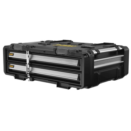 A wide three-quarter angled studio shot of the closed DEWALT modular 2-drawer workstation chest, highlighting the precision unibody construction, flush-mounted silver security locking bar centered on the front, and side tracking grooves for hanging jobsite accessories.