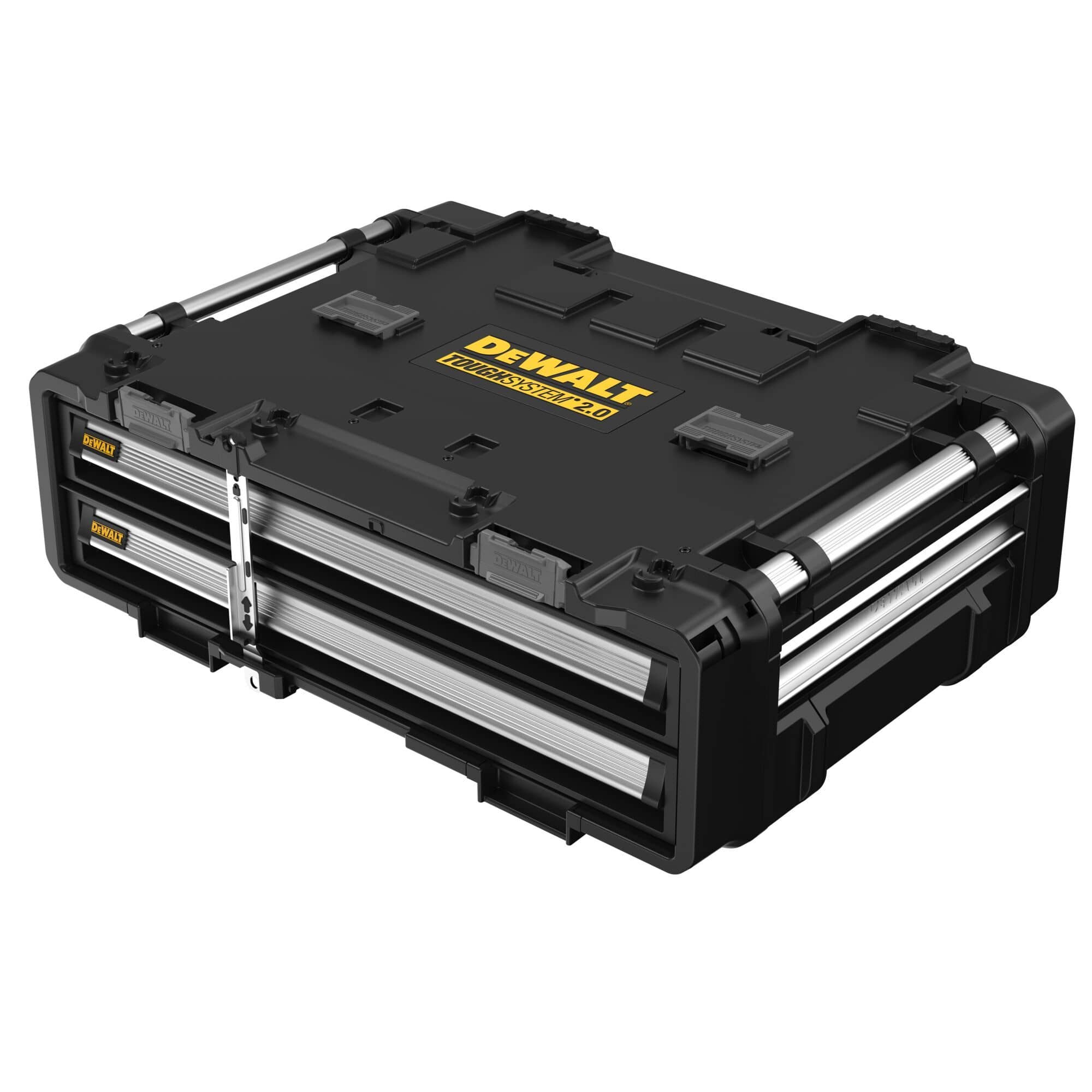 An elevated three-quarter studio perspective of the closed DEWALT DWST08520 30-inch tool chest, showcasing the wide flat work surface top embossed with the official yellow DEWALT ToughSystem 2.0 logo plate and dual automatic connecting latches.