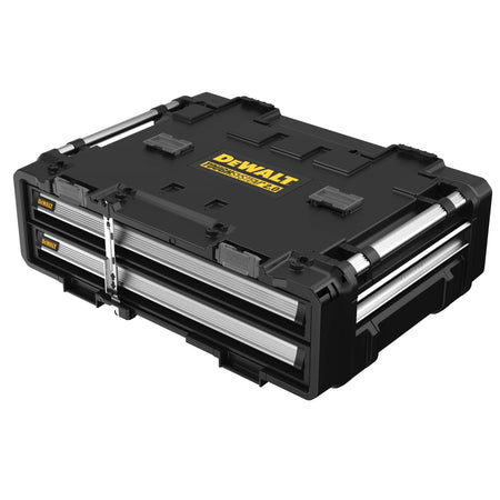 An elevated three-quarter studio perspective of the closed DEWALT DWST08520 30-inch tool chest, showcasing the wide flat work surface top embossed with the official yellow DEWALT ToughSystem 2.0 logo plate and dual automatic connecting latches.
