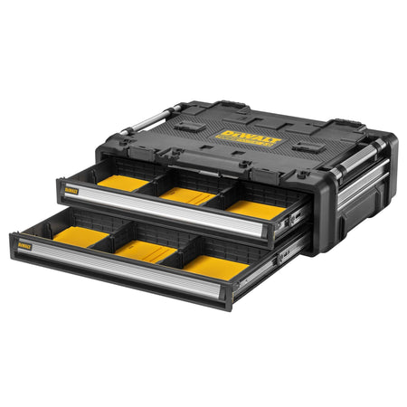 Product studio layout shot of the DEWALT modular tool chest with both drawers extended outward on their tracks, exposing the bright yellow internal compartments fitted with adjustable black space partitions.