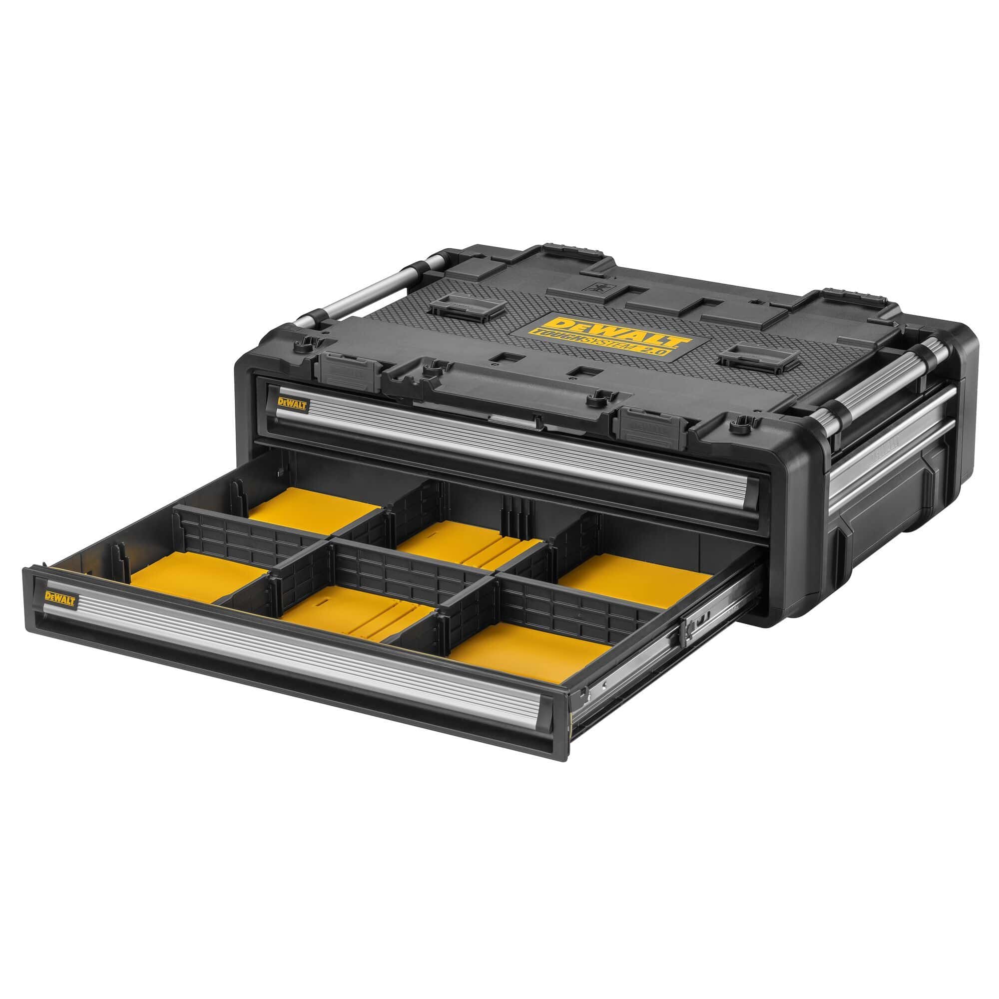 A product studio image showing only the bottom drawer of the black DEWALT ToughSystem 2.0 chest fully extended on its metal side tracks, highlighting the deep yellow internal configuration organized into six distinct compartments using black dividers.