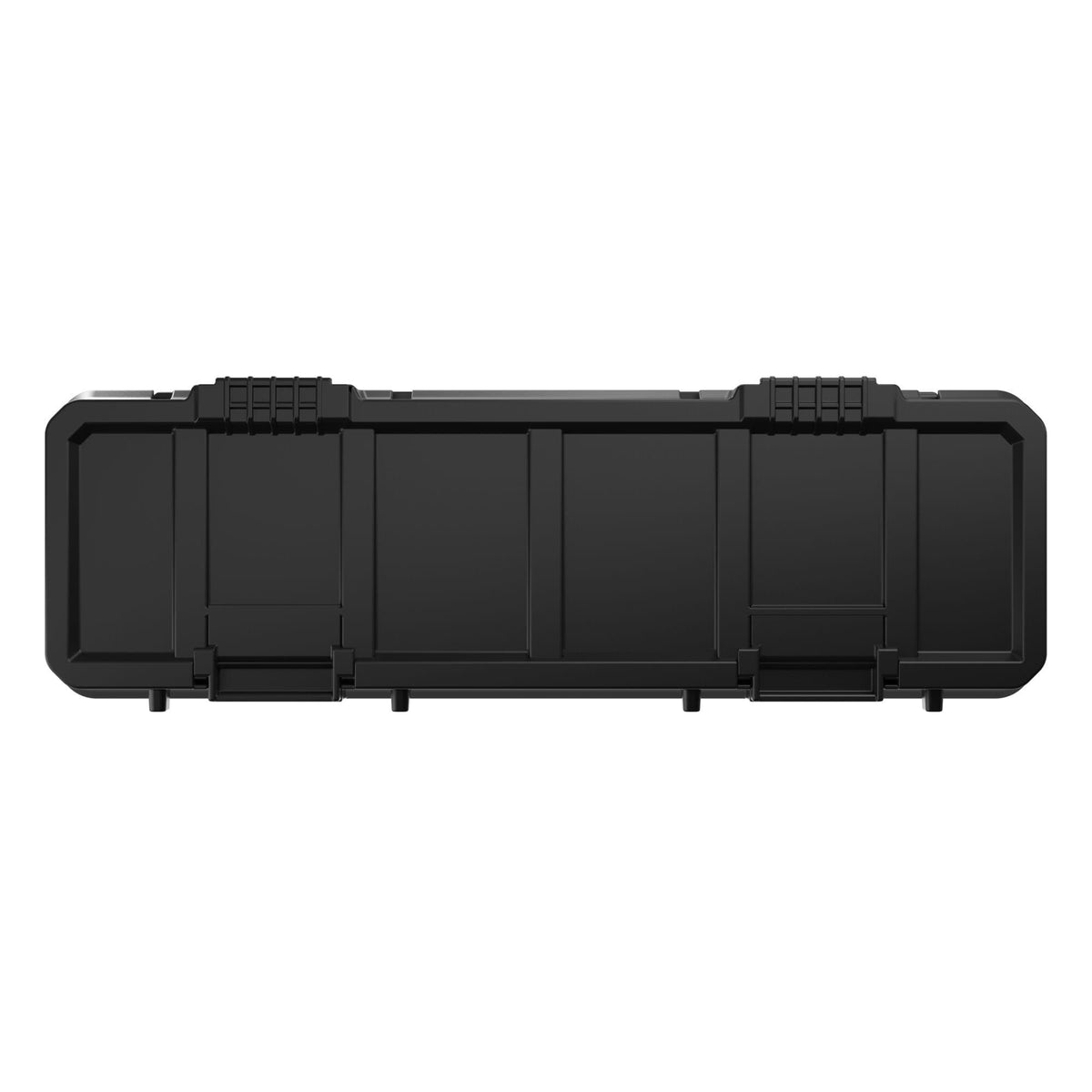 A direct rear unibody studio perspective of the closed black DEWALT 30-inch modular drawer box unit against a white backdrop, displaying the flush injection-molded reinforcement bracing and bottom tracking guide points.