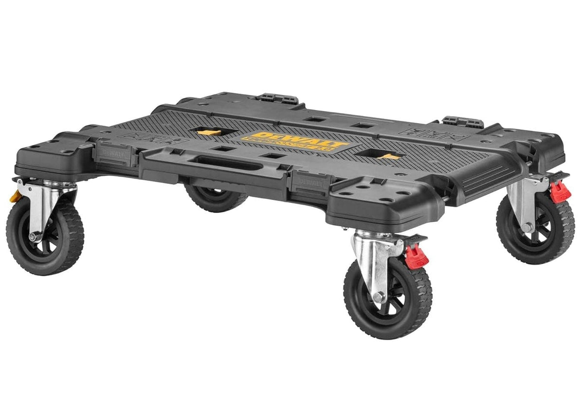 Studio view of the DeWalt ToughSystem 2.0 DXL workstation dolly featuring a black impact-resistant platform and four large heavy-duty caster wheels.
