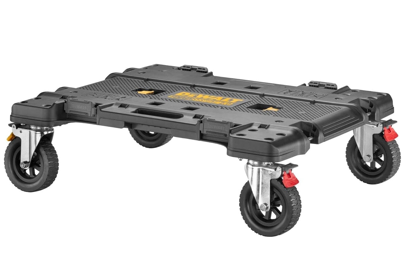 Studio view of the DeWalt ToughSystem 2.0 DXL workstation dolly featuring a black impact-resistant platform and four large heavy-duty caster wheels.