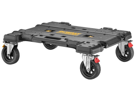 Studio view of the DeWalt ToughSystem 2.0 DXL workstation dolly featuring a black impact-resistant platform and four large heavy-duty caster wheels.