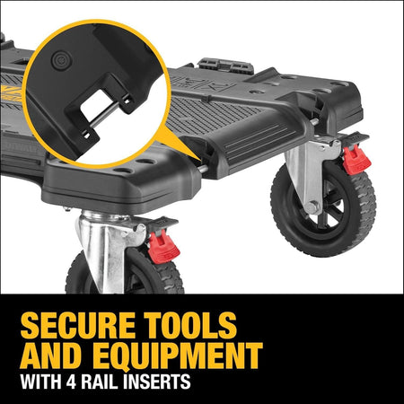 Close-up detail view of the metal rail insert located on the corner of the dolly frame, captioned Secure Tools and Equipment with 4 Rail Inserts.