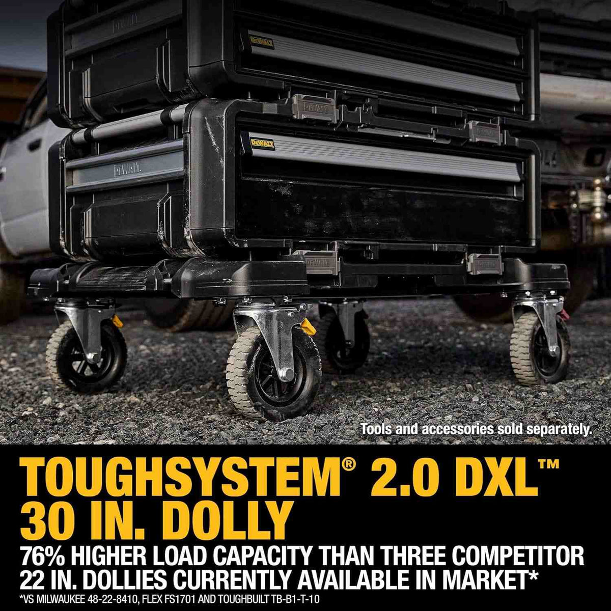 Informational graphic showing the dolly loaded with drawers on gravel, captioned ToughSystem 2.0 DXL 30 In. Dolly 76% Higher Load Capacity than three competitor 22 in. dollies.