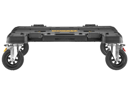 Side profile view of the workstation dolly highlighting the integrated side handles and the clearance provided by the large caster wheels.