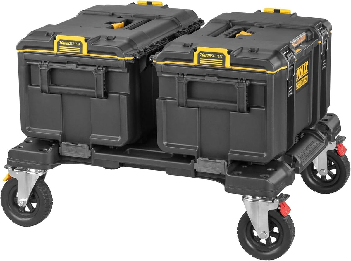 Application shot showing two black DeWalt ToughSystem 2.0 toolboxes stacked securely side-by-side on the workstation dolly platform.