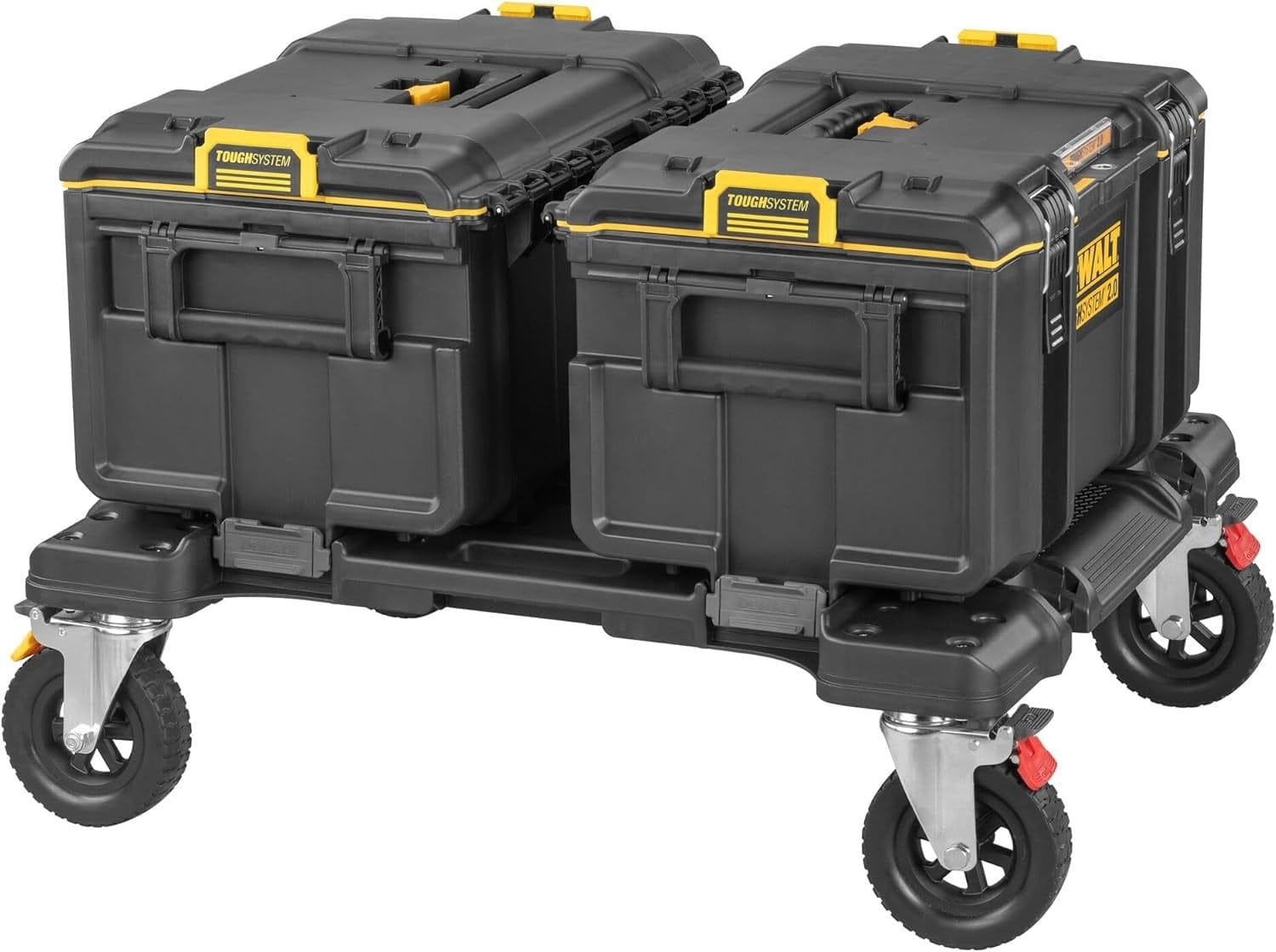 Application shot showing two black DeWalt ToughSystem 2.0 toolboxes stacked securely side-by-side on the workstation dolly platform.