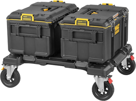 Application shot showing two black DeWalt ToughSystem 2.0 toolboxes stacked securely side-by-side on the workstation dolly platform.