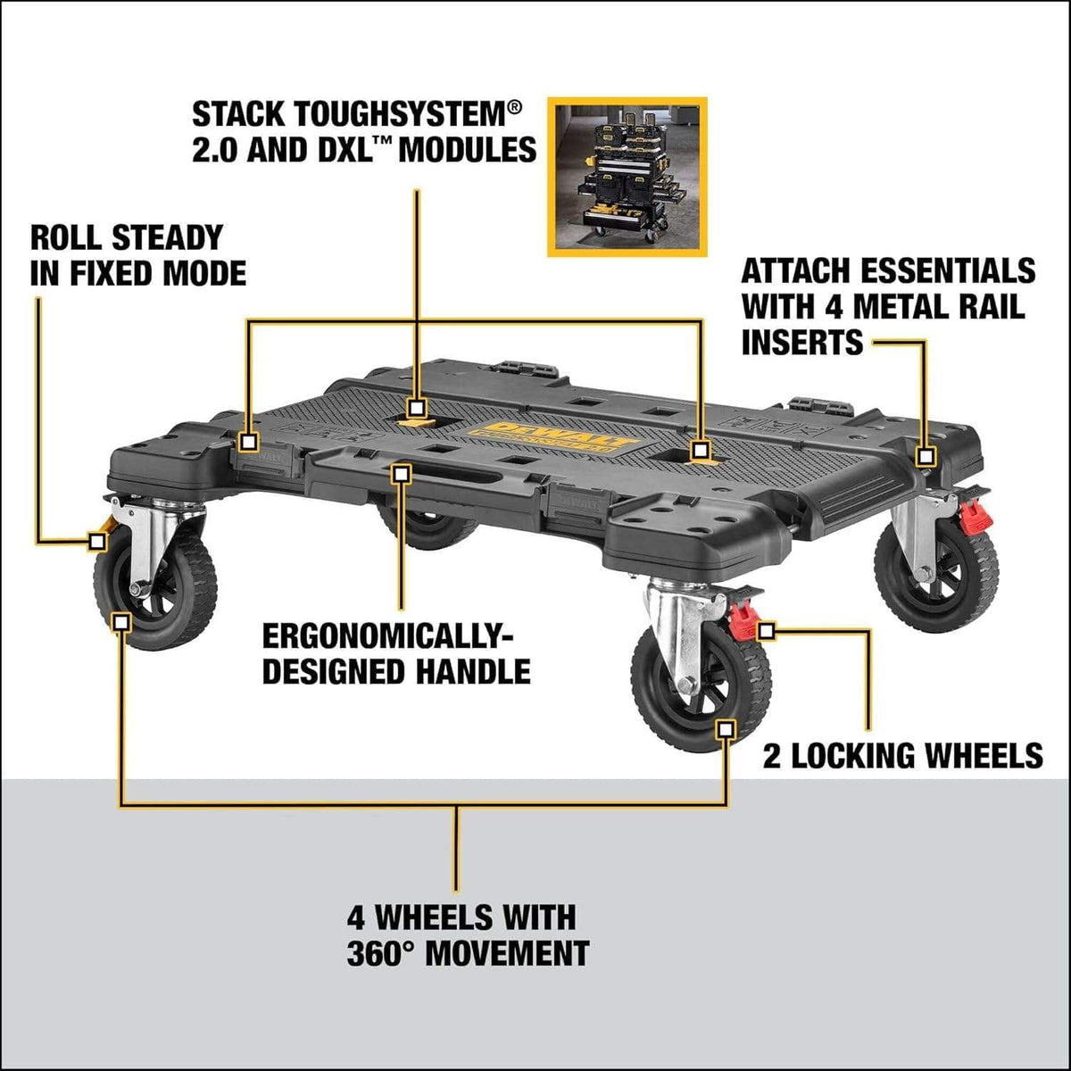 Infographic diagram of the dolly pointing out features including the ergonomic handles, metal rail inserts for securing tools, and 360-degree rotating caster wheels.