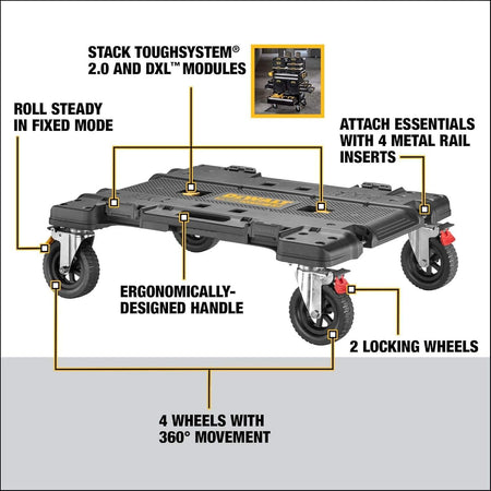 Infographic diagram of the dolly pointing out features including the ergonomic handles, metal rail inserts for securing tools, and 360-degree rotating caster wheels.