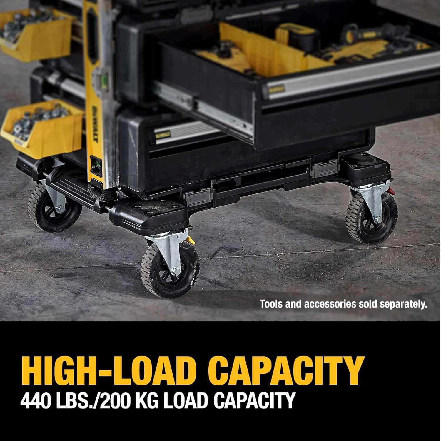 Action shot of the dolly supporting a tall stack of DXL drawers in a workshop, captioned High-Load Capacity 440 lbs or 200 kg load capacity.