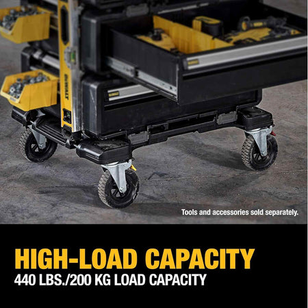 Action shot of the dolly supporting a tall stack of DXL drawers in a workshop, captioned High-Load Capacity 440 lbs or 200 kg load capacity.