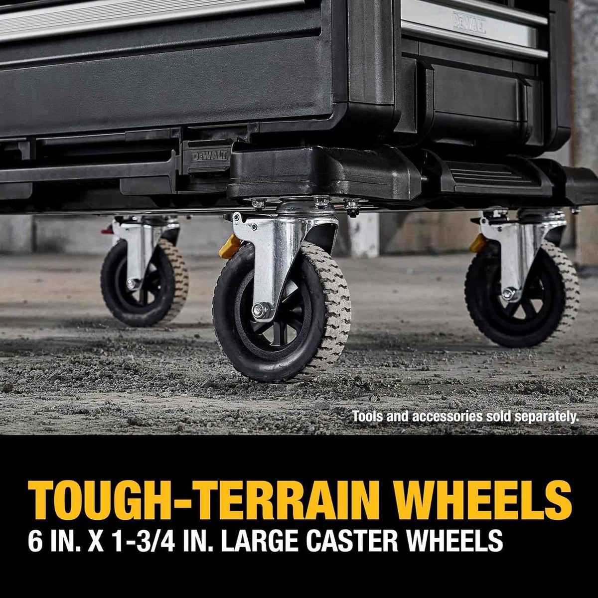 Close-up view of the dolly's large caster wheels rolling over rough concrete debris, captioned Tough-Terrain Wheels 6 inch by 1-3/4 inch large caster wheels.