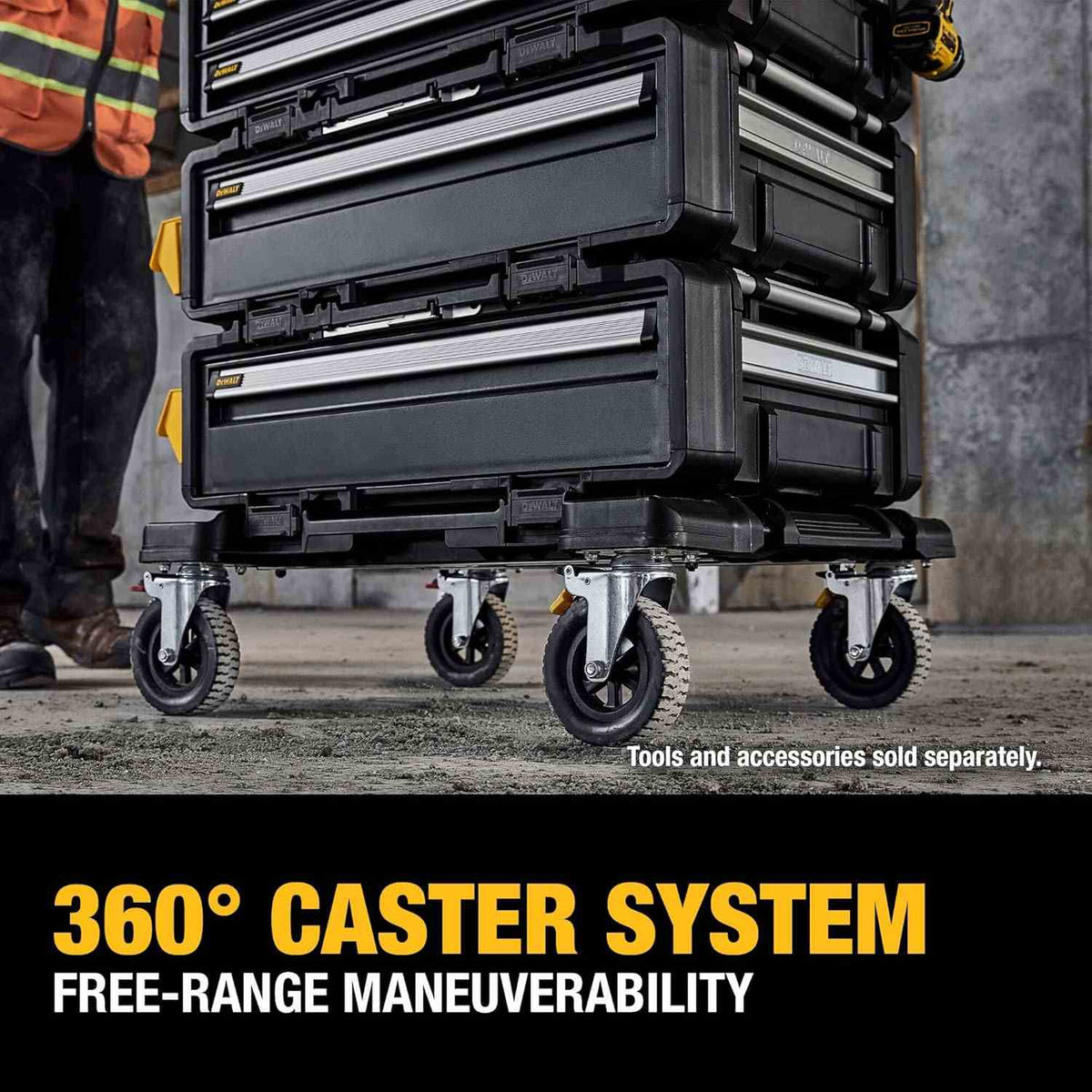 Low angle shot focusing on the four swivel casters beneath a stack of tool drawers, captioned 360 degree Caster System Free-Range Maneuverability.