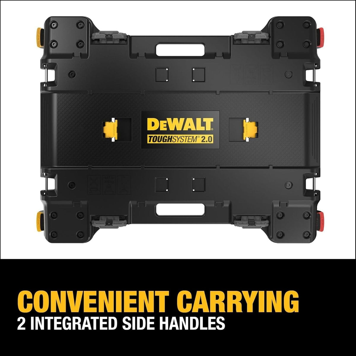 Top-down view of the dolly deck highlighting the textured surface and yellow latching points, captioned Convenient Carrying 2 Integrated Side Handles.