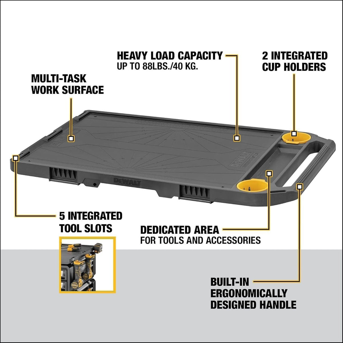 Infographic diagram of the worktop highlighting features such as the heavy load capacity up to 88 pounds, 2 integrated cup holders, and 5 integrated tool slots.