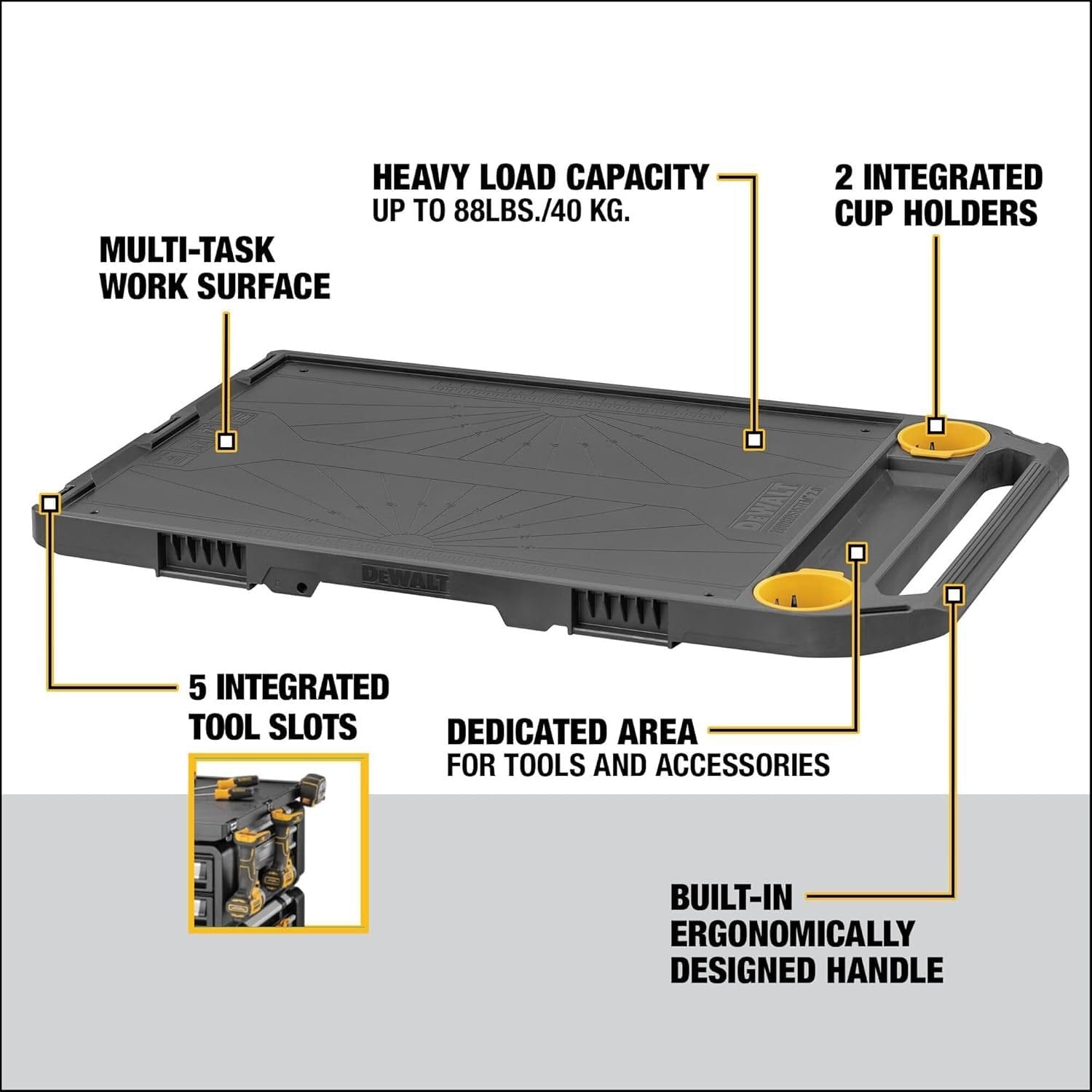 Infographic diagram of the worktop highlighting features such as the heavy load capacity up to 88 pounds, 2 integrated cup holders, and 5 integrated tool slots.