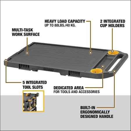Infographic diagram of the worktop highlighting features such as the heavy load capacity up to 88 pounds, 2 integrated cup holders, and 5 integrated tool slots.