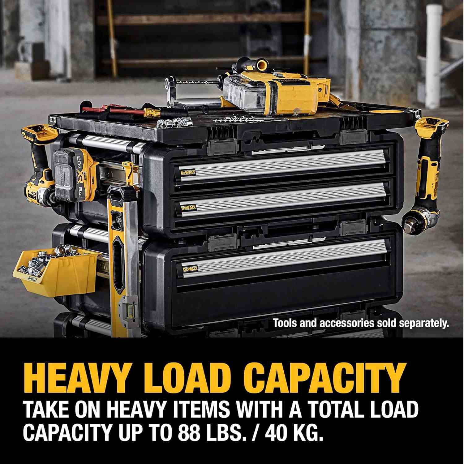 Action shot of the worktop stacked on DXL drawers holding various tools including drills and batteries, captioned Heavy Load Capacity Take on heavy items with a total load capacity up to 88 lbs or 40 kg.