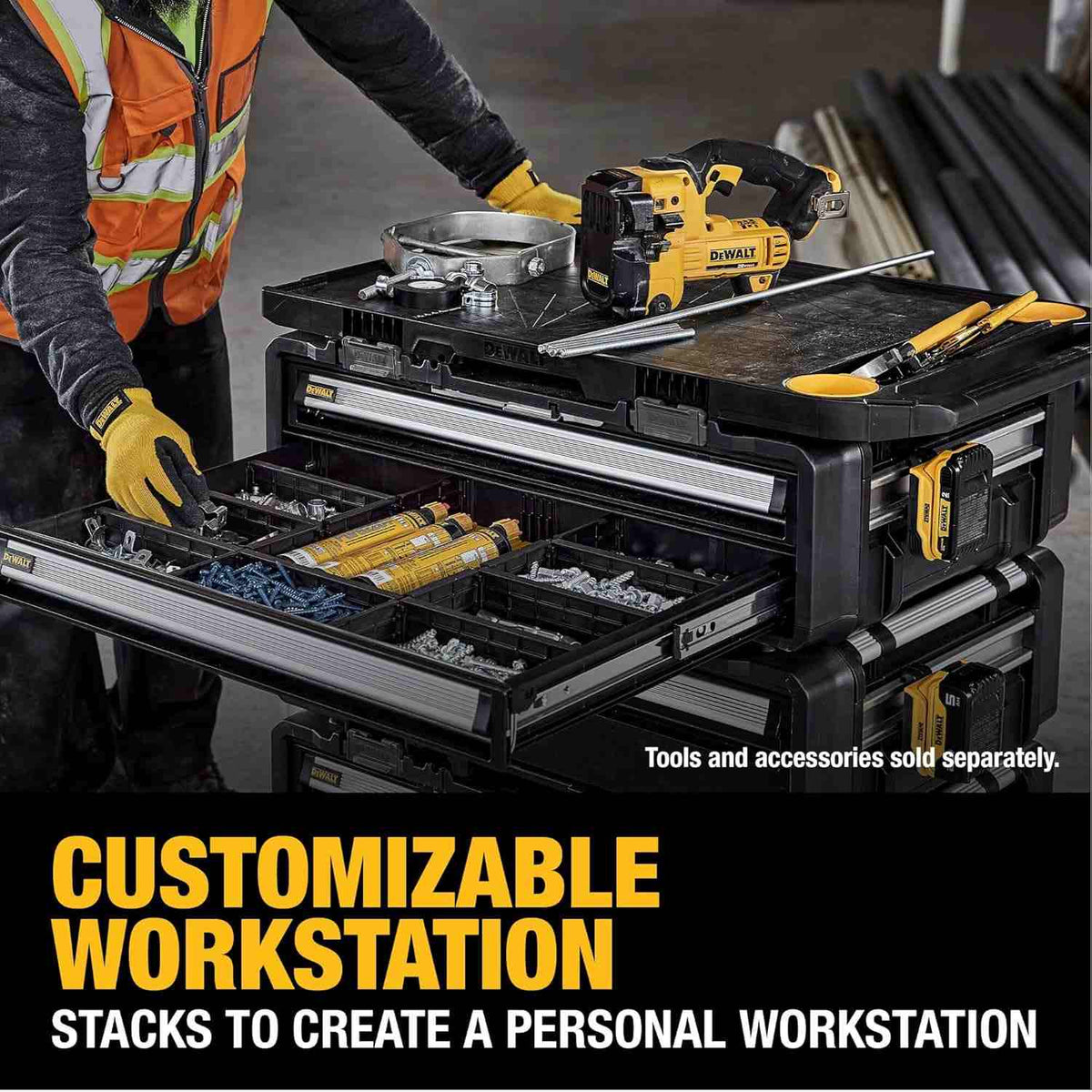 Action shot showing a worker accessing drawers beneath the worktop, captioned Customizable Workstation Stacks to create a personal workstation.