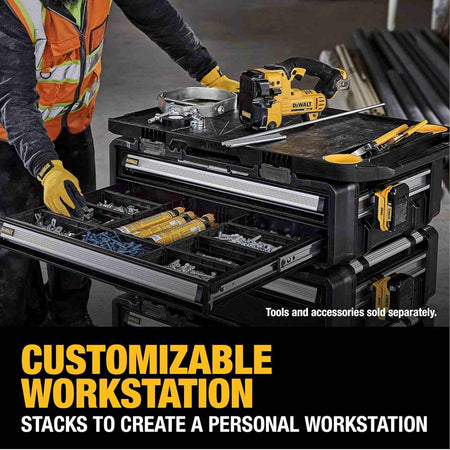 Action shot showing a worker accessing drawers beneath the worktop, captioned Customizable Workstation Stacks to create a personal workstation.