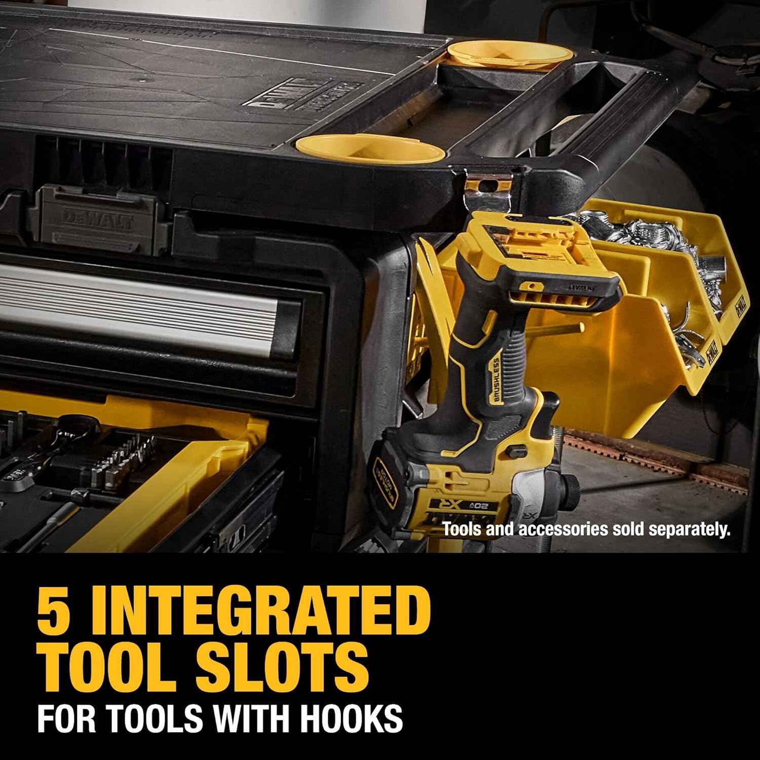 Close-up detail view of a DeWalt cordless drill hanging from one of the side slots, captioned 5 Integrated Tool Slots For tools with hooks.